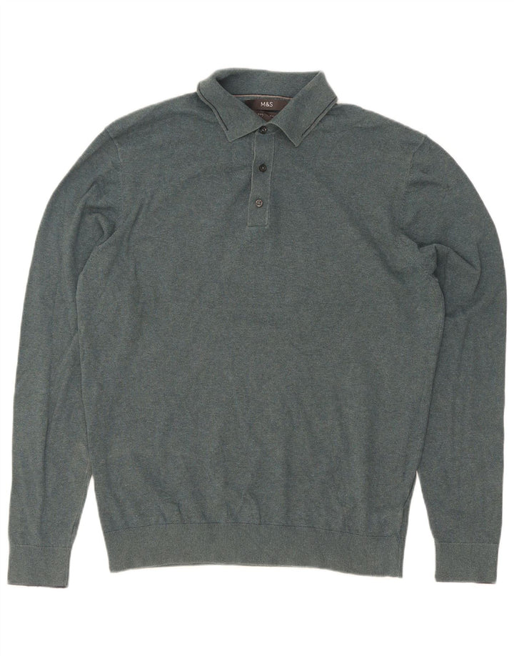 Suéter masculino Marks & Spencer com gola polo e algodão verde médio