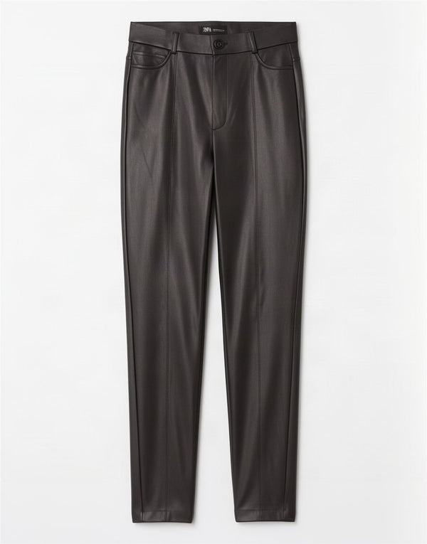 Zara Calça feminina skinny de couro sintético médio W28 L29 poliuretano preto