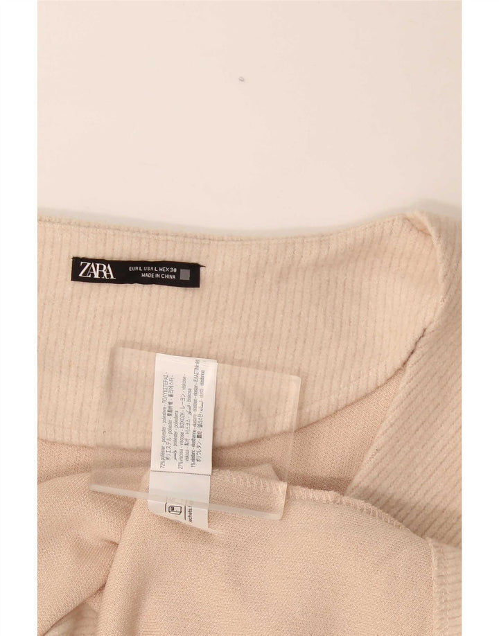 Blusa feminina de manga comprida Zara UK 14 grande poliéster bege