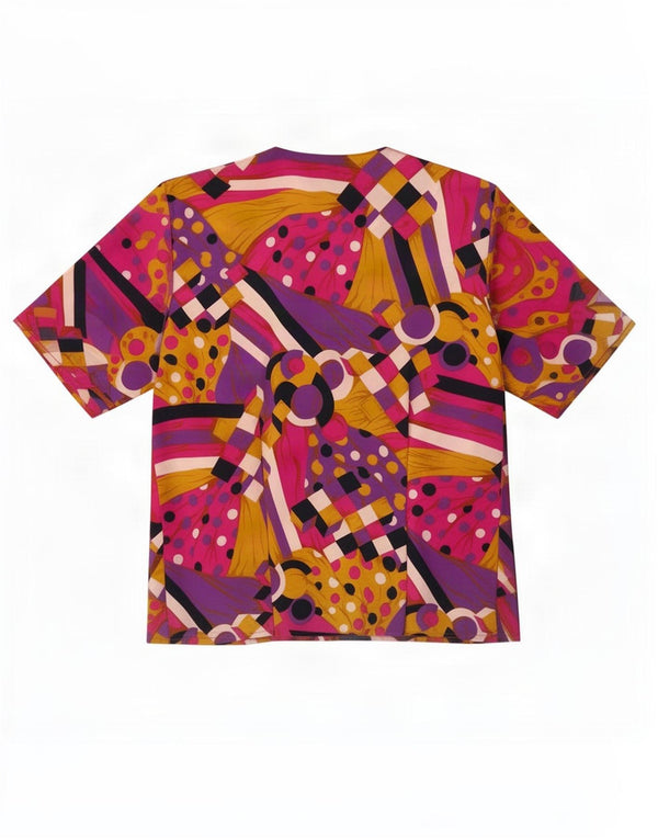 Blusa feminina vintage UK 14 grande geométrica multicolorida