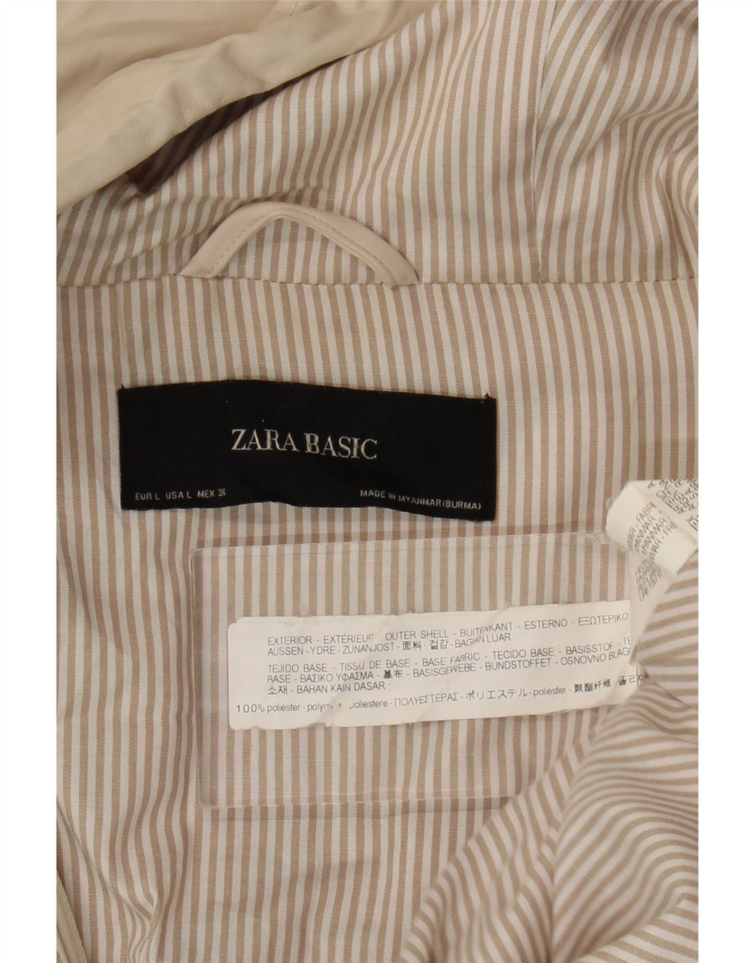 Casaco corta-vento com capuz feminino Zara Reino Unido 16 grande poliéster bege