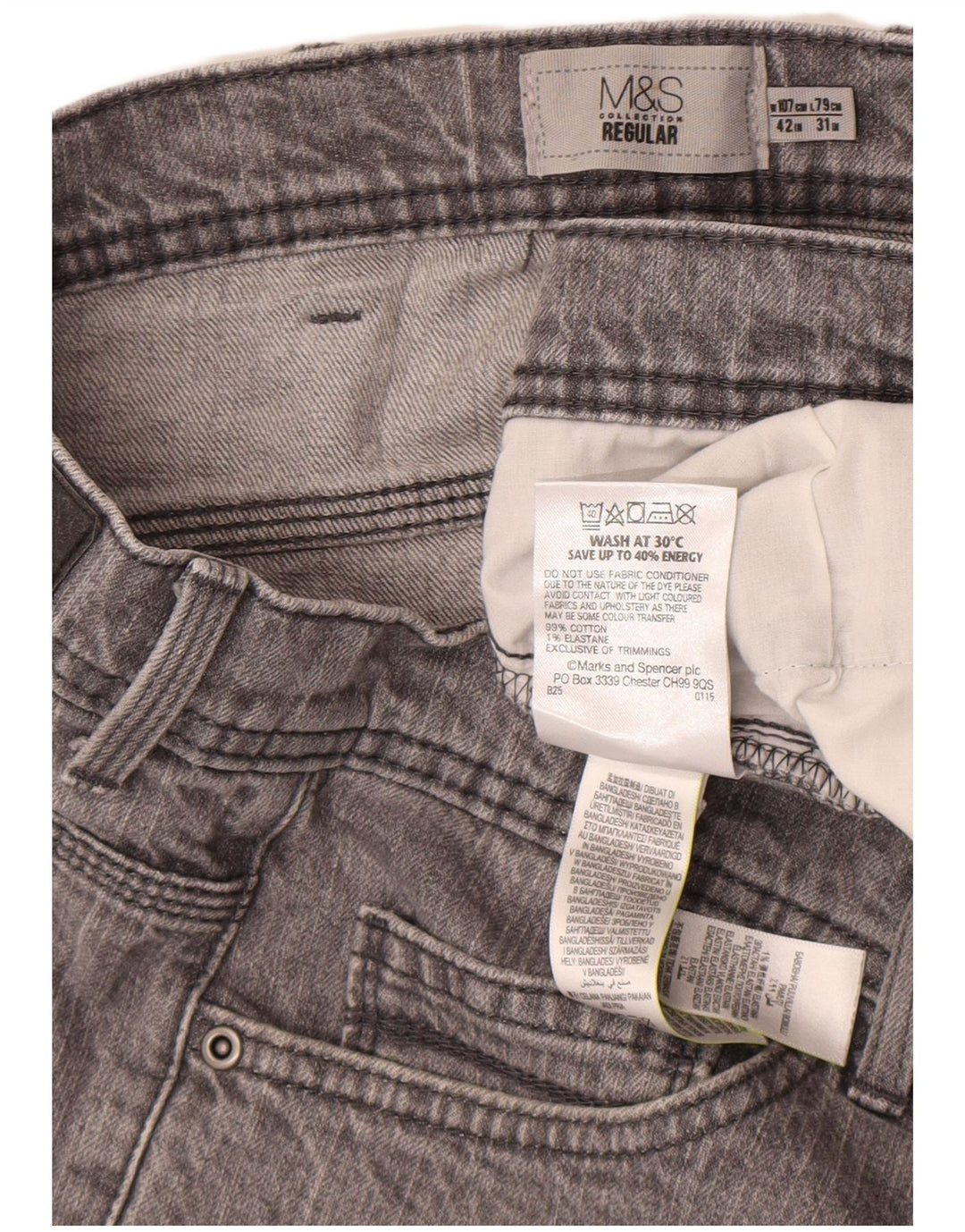 Jeans Marks & Spencer masculino regular fit reto W42 L31 algodão cinza