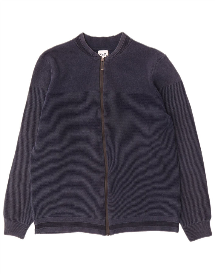 Suéter cardigã masculino Zara médio listrado azul marinho