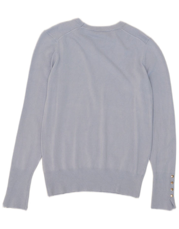 Suéter feminino Zara com gola canoa UK 12 viscose azul médio
