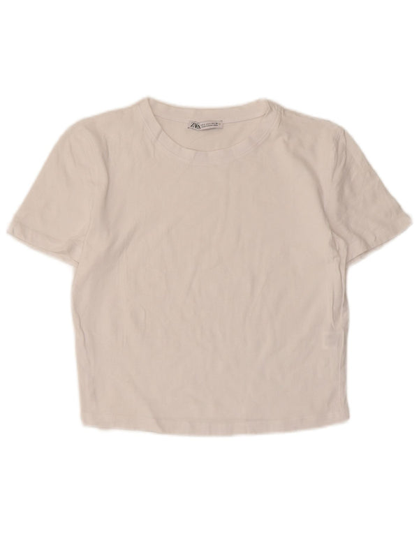 Zara Womens Crop T-Shirt Top UK 14 Grande Algodão Branco