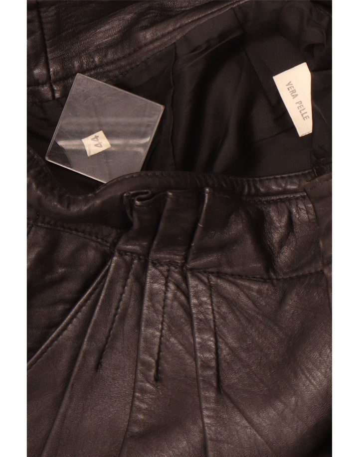 Calça feminina VINTAGE de couro com pregas IT 44 médio W26 L26 couro preto