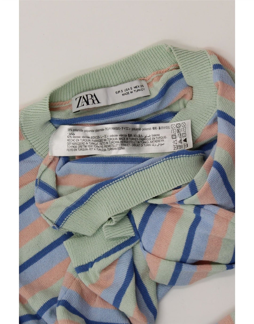 Suéter feminino ZARA com gola redonda e gola redonda, pequeno, listrado multicolorido