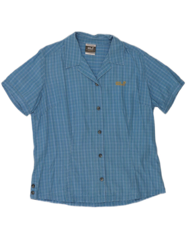 Camisa feminina de manga curta Jack Wolfskin Reino Unido 14/16 grande xadrez azul Lyocell