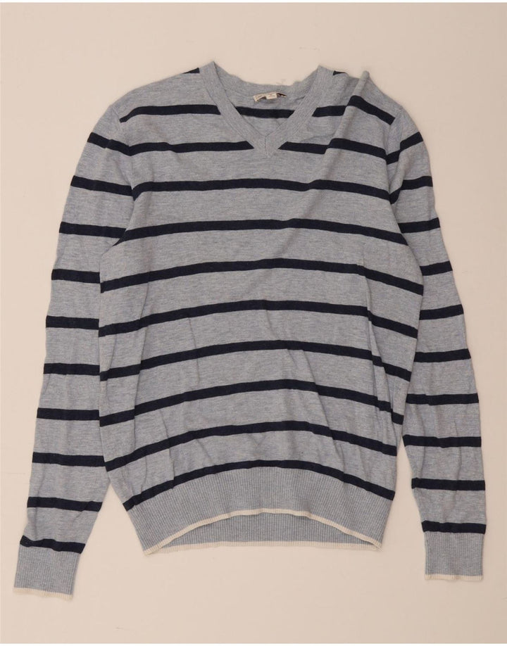 Suéter masculino Gap com decote em V de algodão listrado azul médio