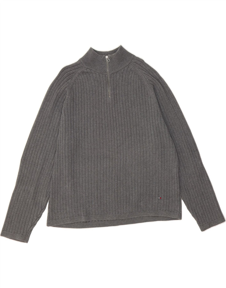 TOMMY HILFIGER Mens Zip Neck Jumper Sweater XL Grey Cotton Vintage Tommy Hilfiger and Second-Hand Tommy Hilfiger from Messina Hembry 