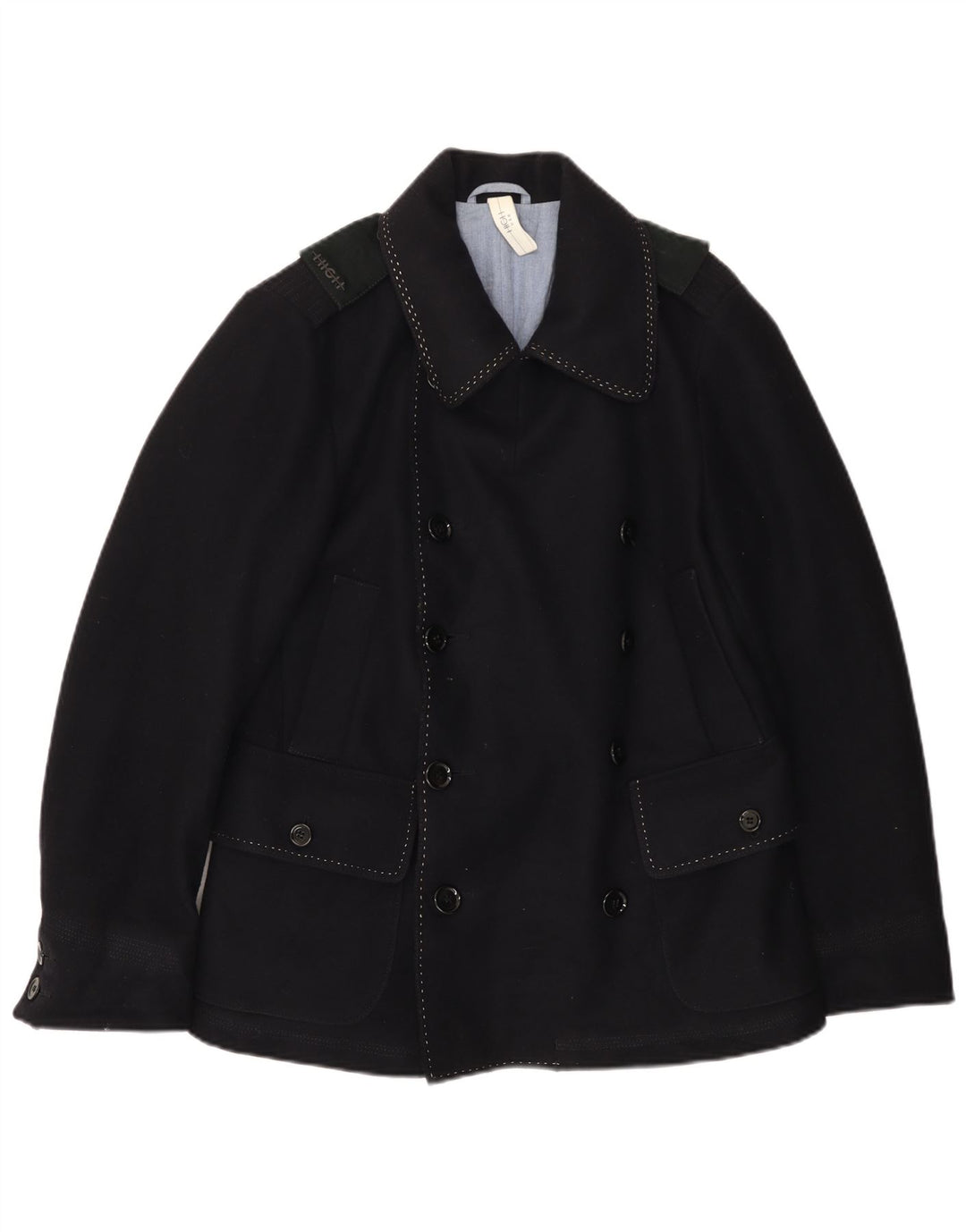 VINTAGE Mens Pea Coat IT 46 Lã Azul Marinho Pequeno