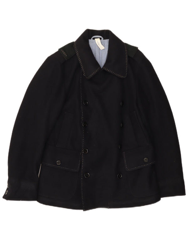VINTAGE Mens Pea Coat IT 46 Lã Azul Marinho Pequeno