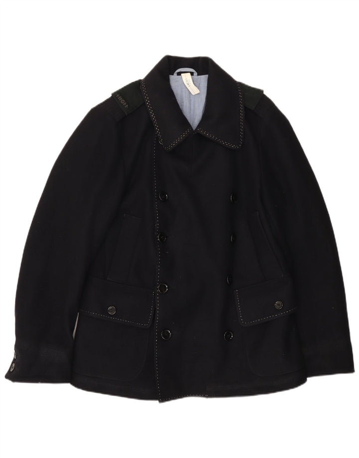 VINTAGE Mens Pea Coat IT 46 Lã Azul Marinho Pequeno