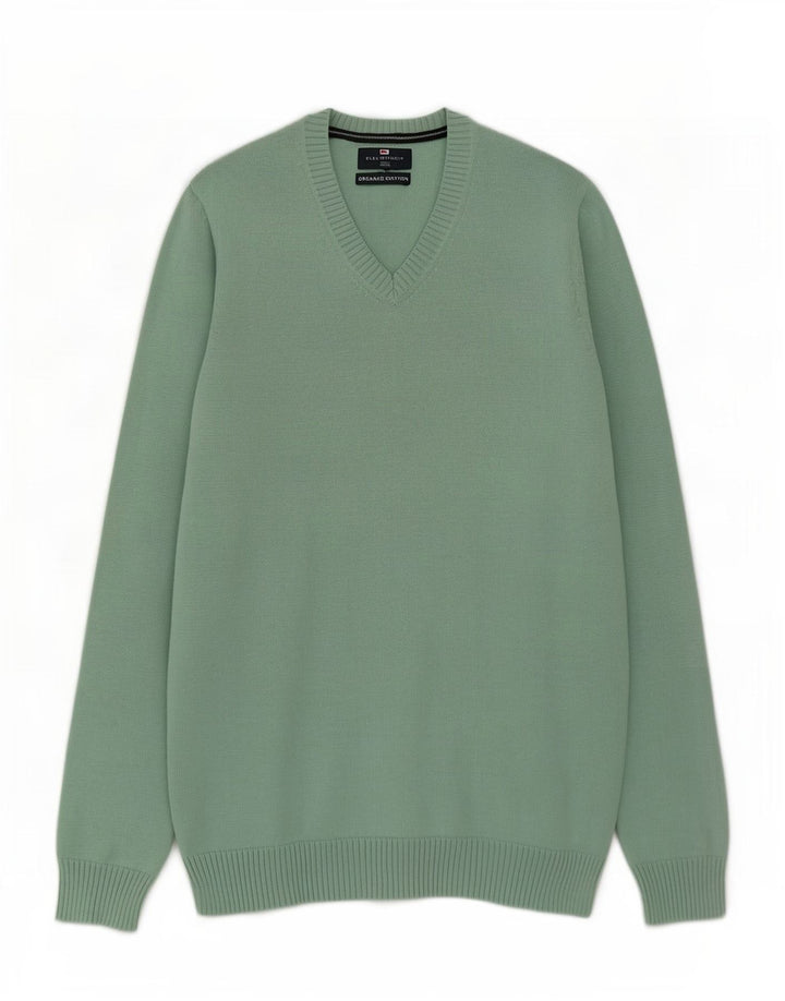 Suéter masculino Marks & Spencer Blue Harbor com decote em V, algodão verde médio