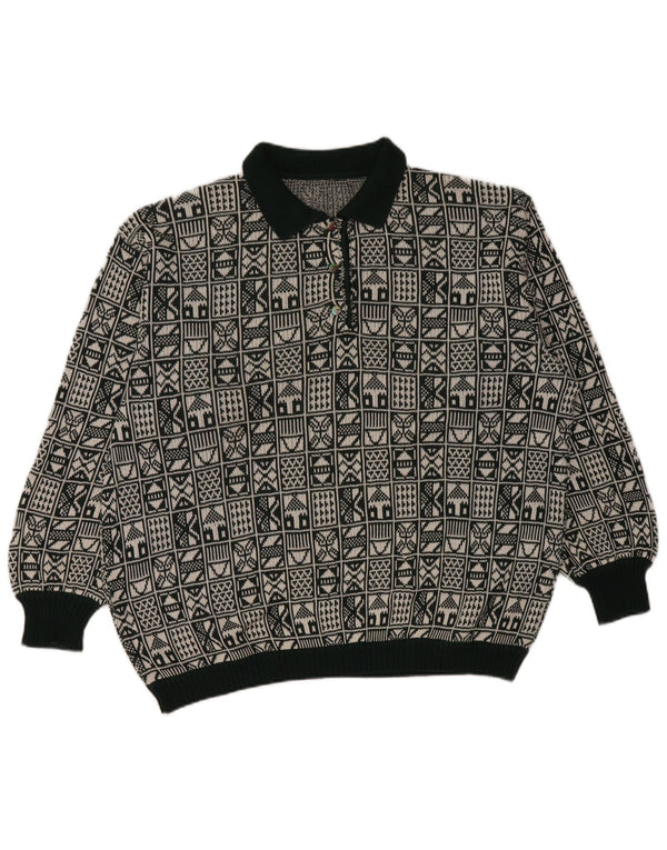 Suéter feminino vintage com gola polo grande UK 18 XL cinza geométrico