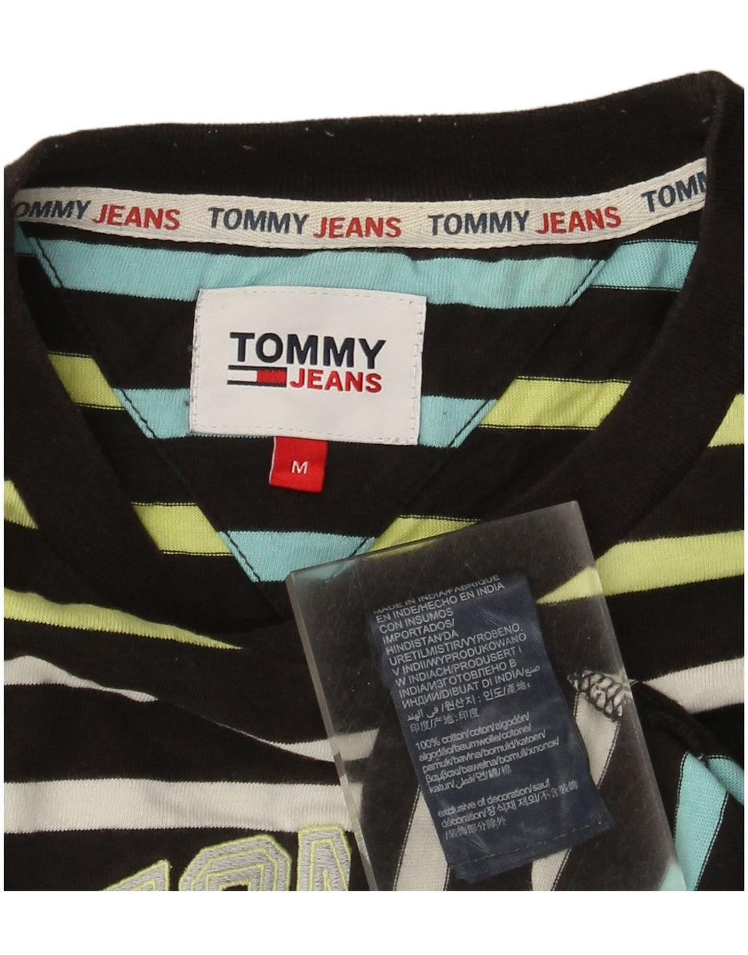 Tommy Hilfiger Camiseta masculina gráfica Top médio de algodão listrado multicolorido