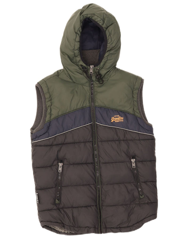 Colete acolchoado com capuz masculino Superdry UK 38 médio preto colorblock nylon