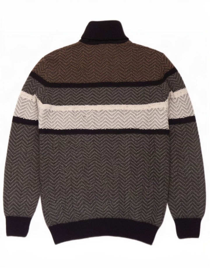 Suéter vintage masculino com gola redonda e lã grande cinza Chevron