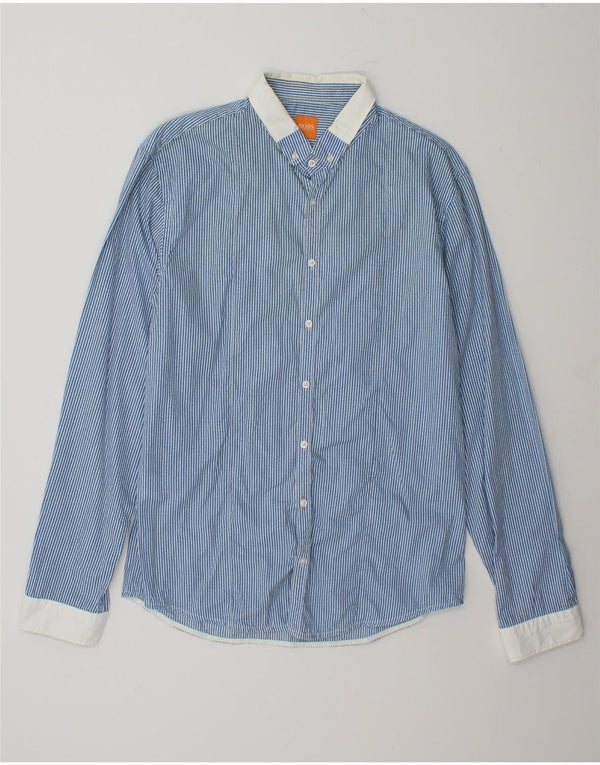 Camisa masculina Slim Fit Hugo Boss grande algodão listrado azul