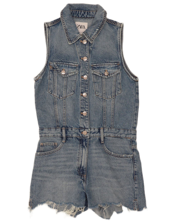 Macacão jeans feminino sem mangas Zara Reino Unido 10 algodão azul pequeno