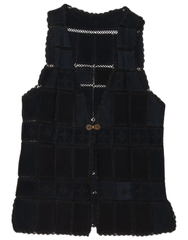 Colete feminino vintage de camurça UK 16 grande patchwork azul marinho