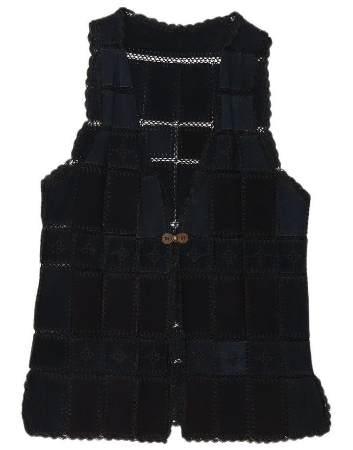 Colete feminino vintage de camurça UK 16 grande patchwork azul marinho