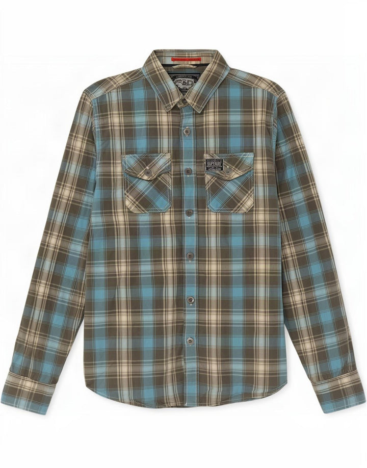 Camisa masculina Superdry algodão xadrez azul médio