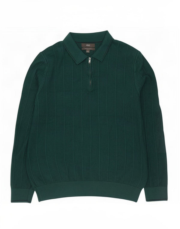 Suéter masculino Marks & Spencer com gola polo e algodão verde grande