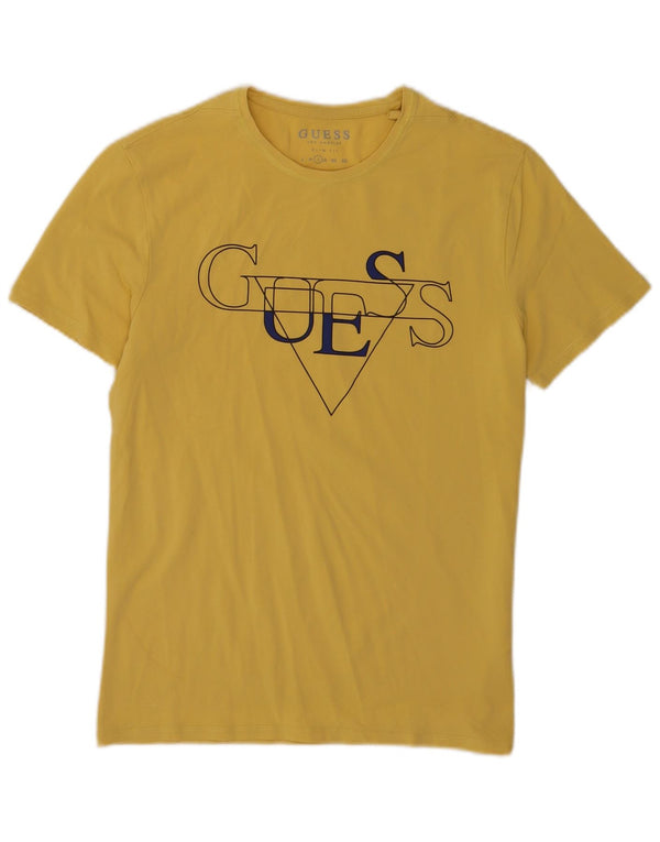 Camiseta masculina Guess Slim Fit com estampa gráfica grande de algodão amarelo