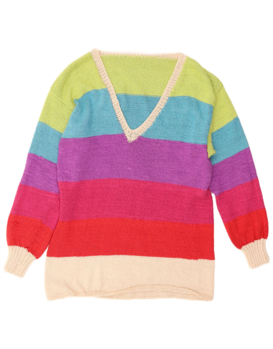 Suéter feminino VINTAGE com decote em V Reino Unido 12 listrado médio multicolorido