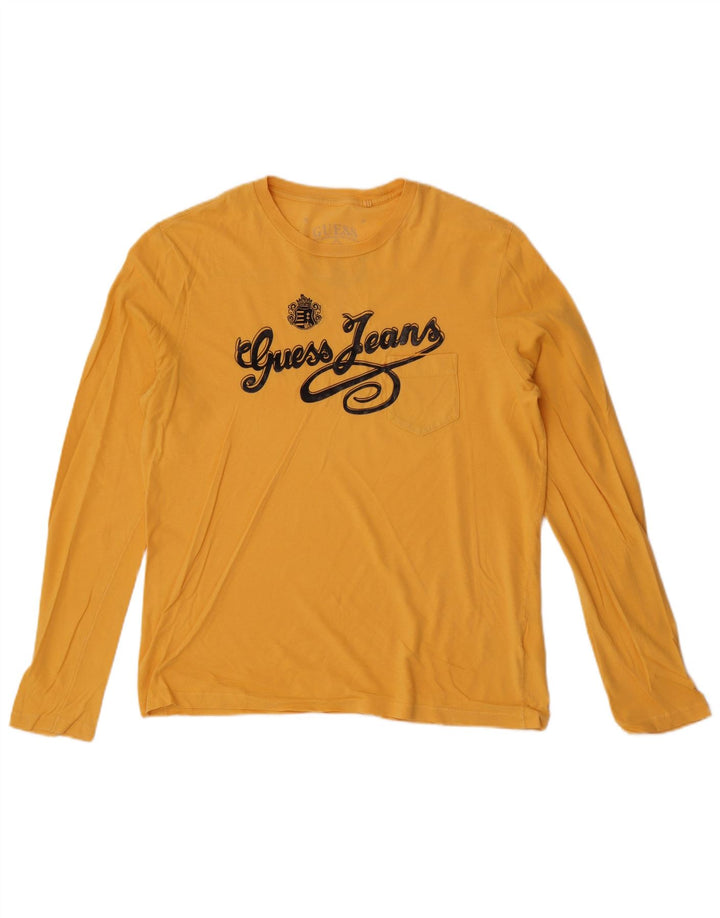 Guess Mens Gráfico Top Manga Longa Grande Algodão Amarelo