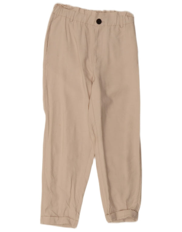 Calça feminina Zara cintura alta cônica cortada pequena W26 L25 bege viscose