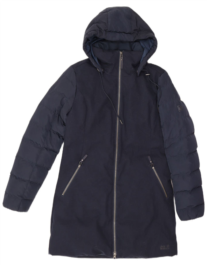 Casaco feminino Jack Wolfskin com capuz grande acolchoado Reino Unido 8/10 pequeno azul marinho
