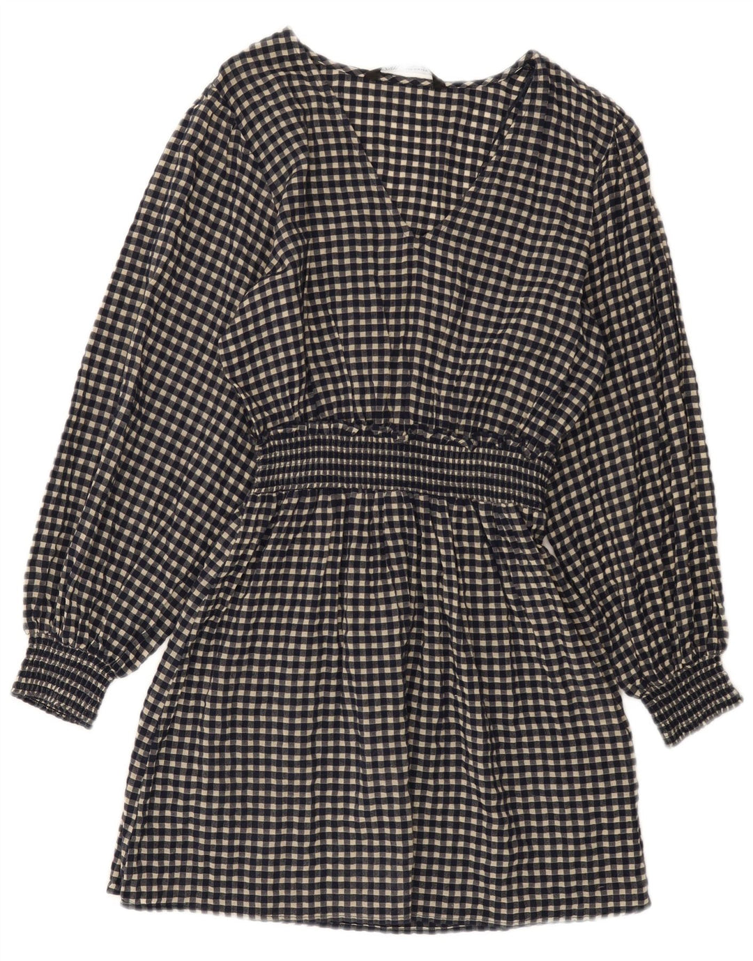 Vestido básico feminino de manga comprida Zara Reino Unido 10 pequeno algodão guingão azul marinho