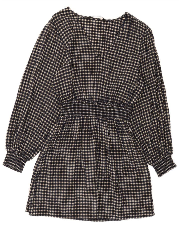 Vestido básico feminino de manga comprida Zara Reino Unido 10 pequeno algodão guingão azul marinho
