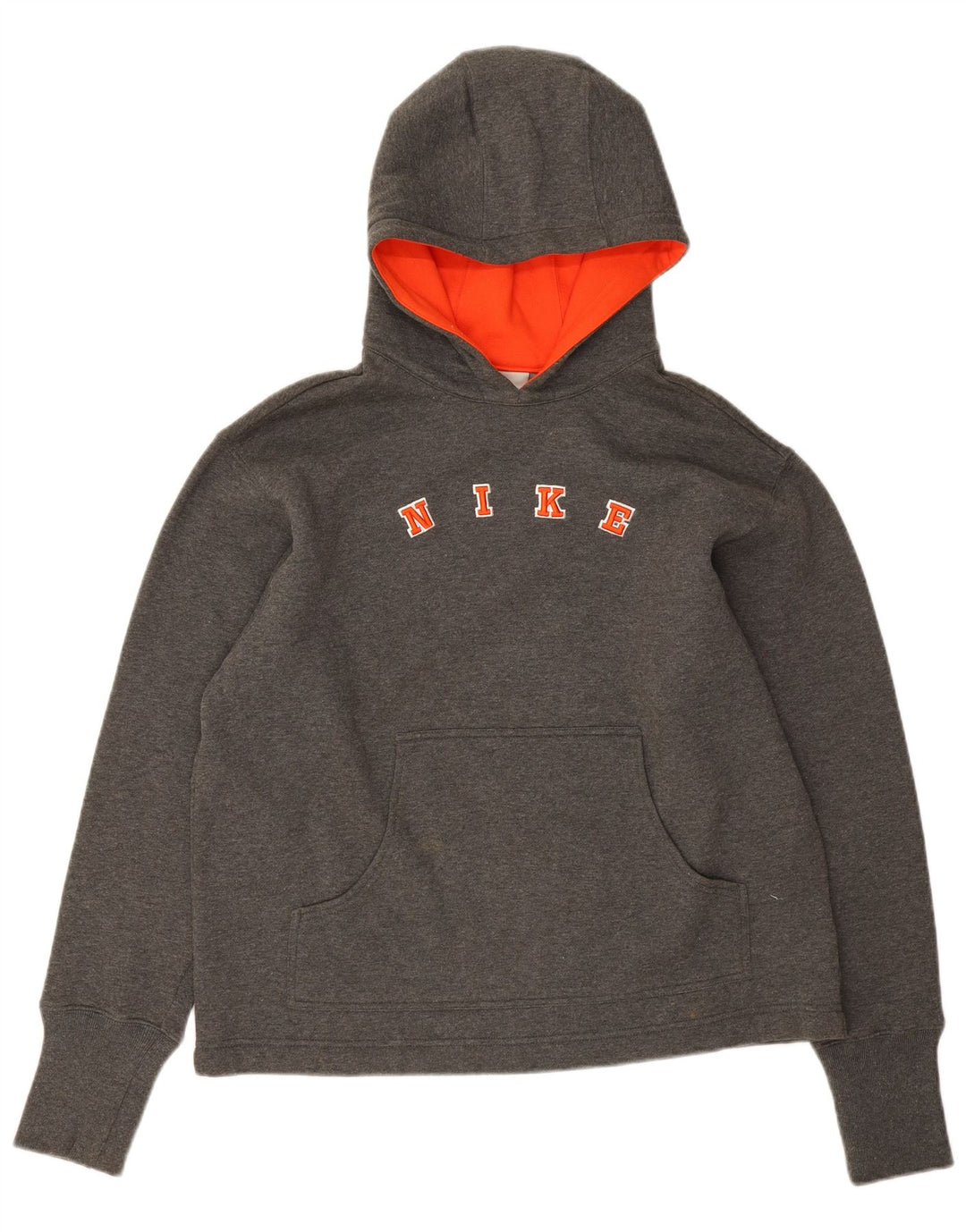 Suéter feminino Nike com capuz gráfico oversized EUA 8/10 algodão cinza médio