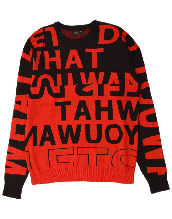 Zara Suéter masculino com gola redonda e gola redonda, médio vermelho colorblock nylon