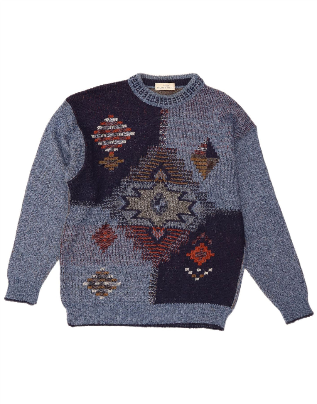Suéter masculino St Michael com gola redonda e acrílico geométrico azul pequeno