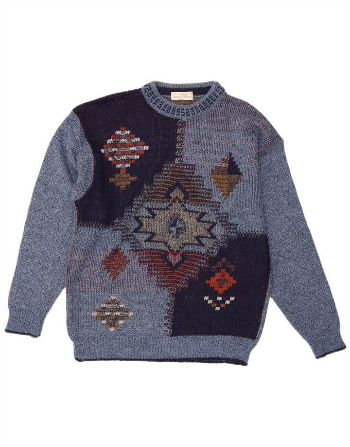 Suéter masculino St Michael com gola redonda e acrílico geométrico azul pequeno