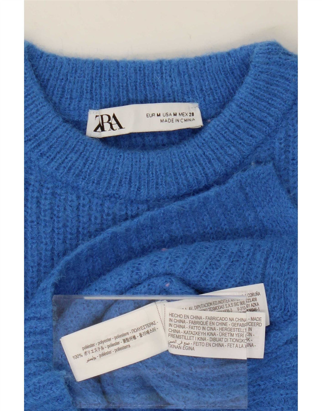 Zara Suéter feminino cropped com gola redonda Reino Unido 14 poliéster azul médio