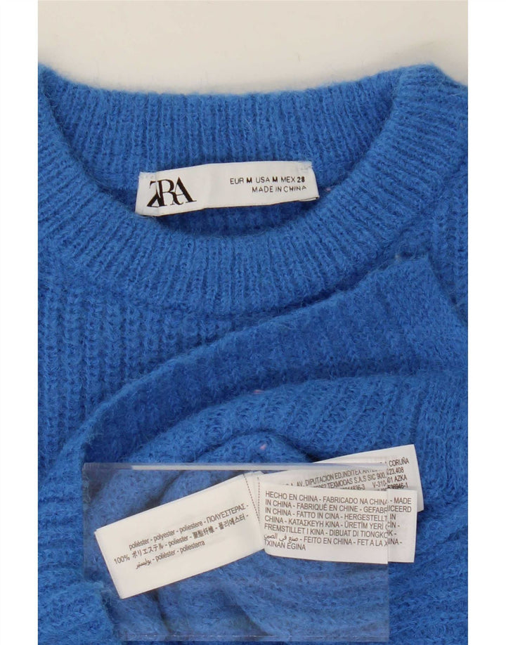 Zara Suéter feminino cropped com gola redonda Reino Unido 14 poliéster azul médio