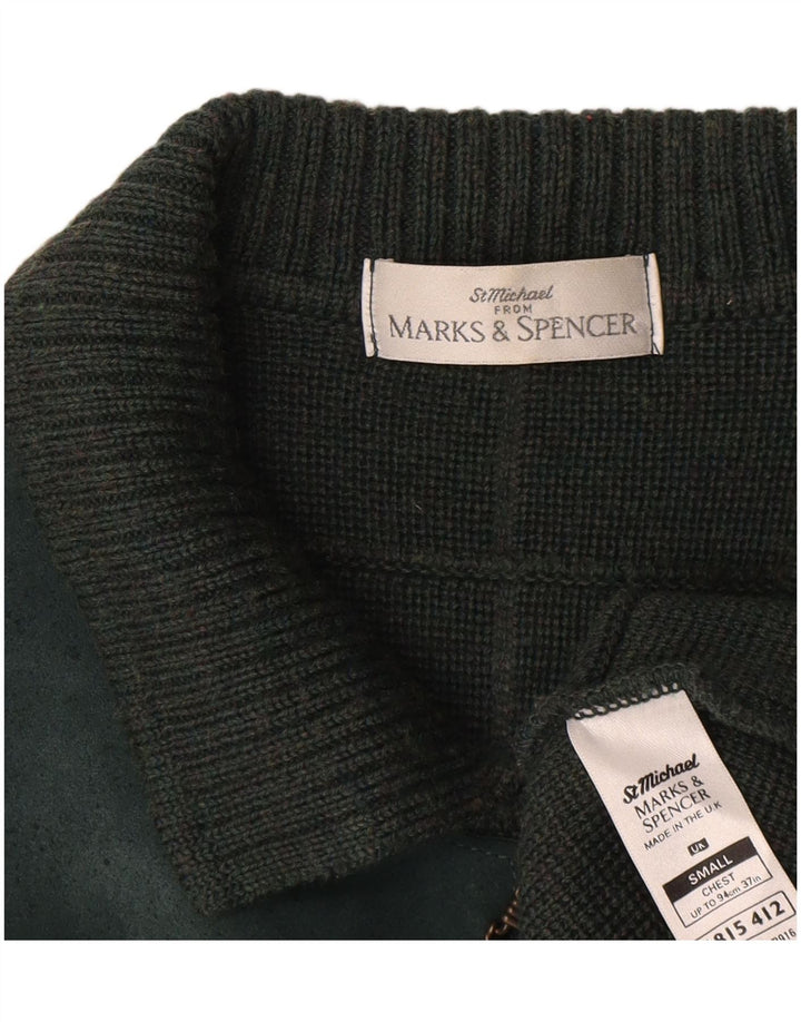 Suéter cardigã masculino St. Michael da Marks & Spencer, lã xadrez verde pequena