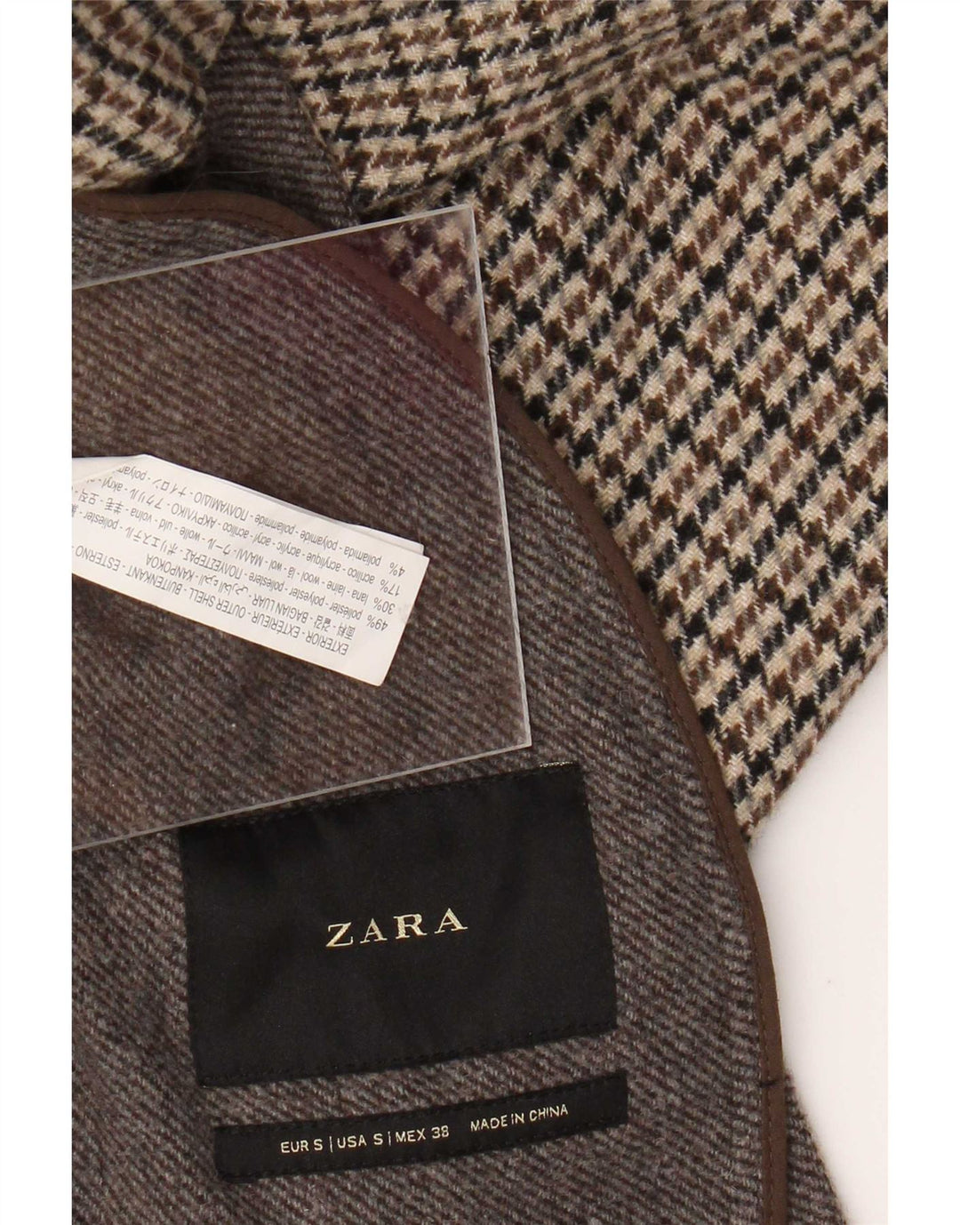 Zara Mens Overcoat UK 36 Small Brown Houndstooth Poliéster
