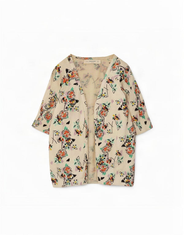 Suéter cardigã aberto feminino Zara manga 1/2 Reino Unido 14 médio off white floral