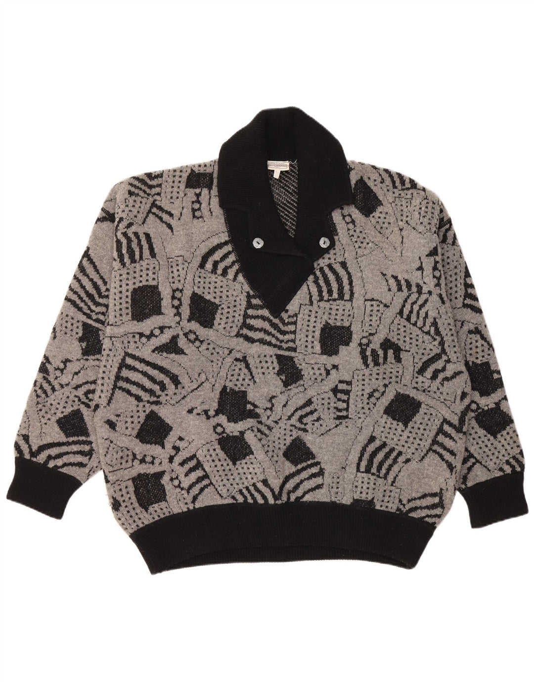 Suéter feminino VINTAGE com gola xale UK 16 grande cinza geométrico