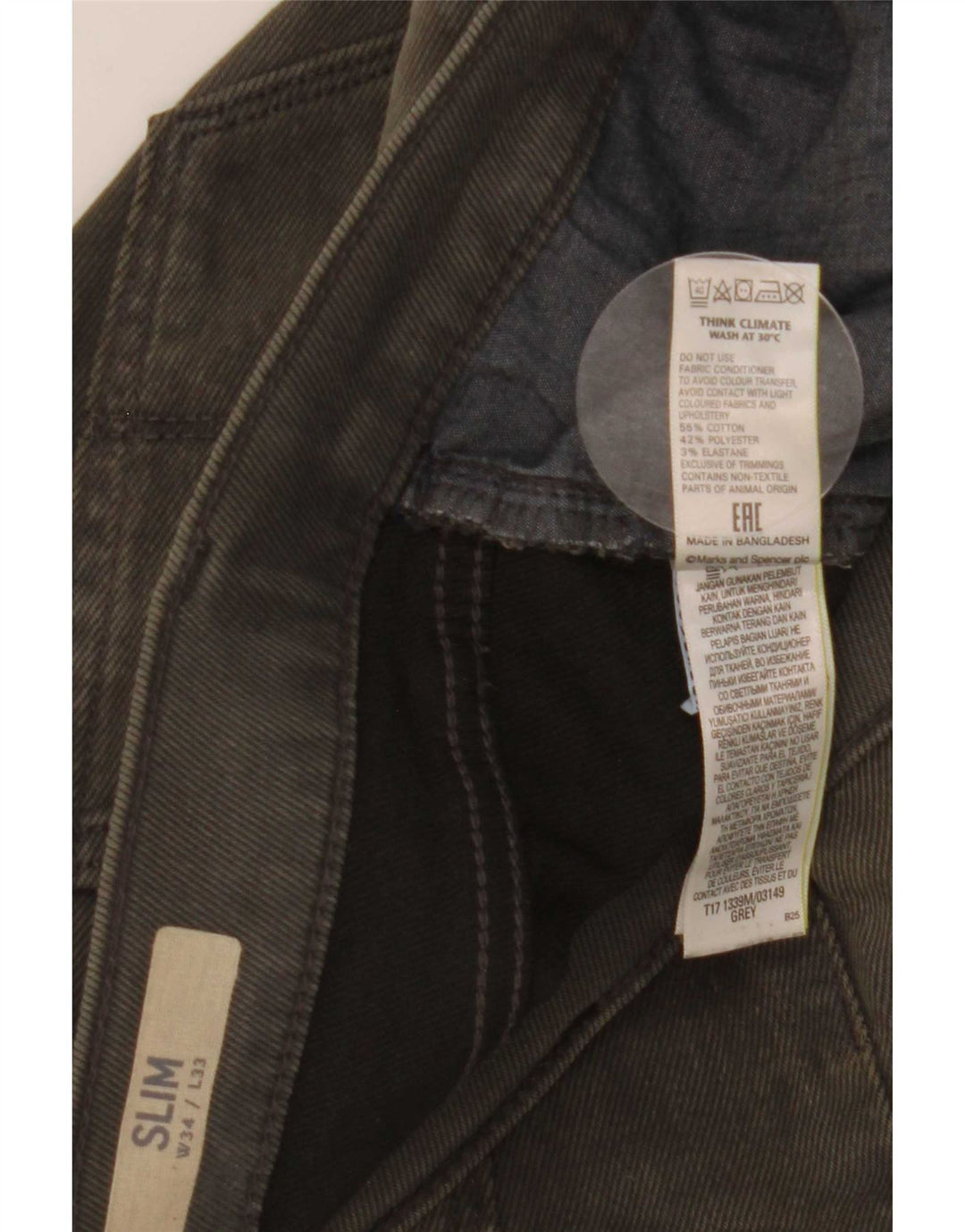 Marks & Spencer Mens Slim Jeans W34 L33 Algodão Cinza