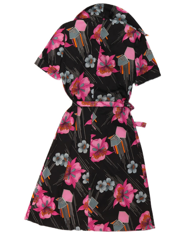 VINTAGE Womens Short Sleeves A-Line Dress UK 10 Small Black Floral