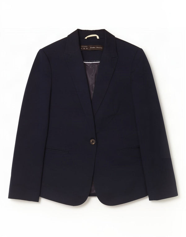 Jaqueta blazer feminina Zara com 1 botão Reino Unido 6 XS azul marinho algodão