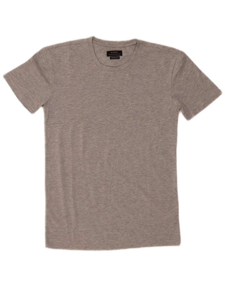 Camiseta masculina Zara Super Slim Fit top pequeno cinza manchado