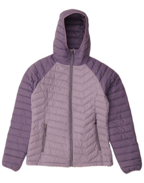 Columbia Jaqueta feminina acolchoada com capuz UK 10 Small Purple Colourblock